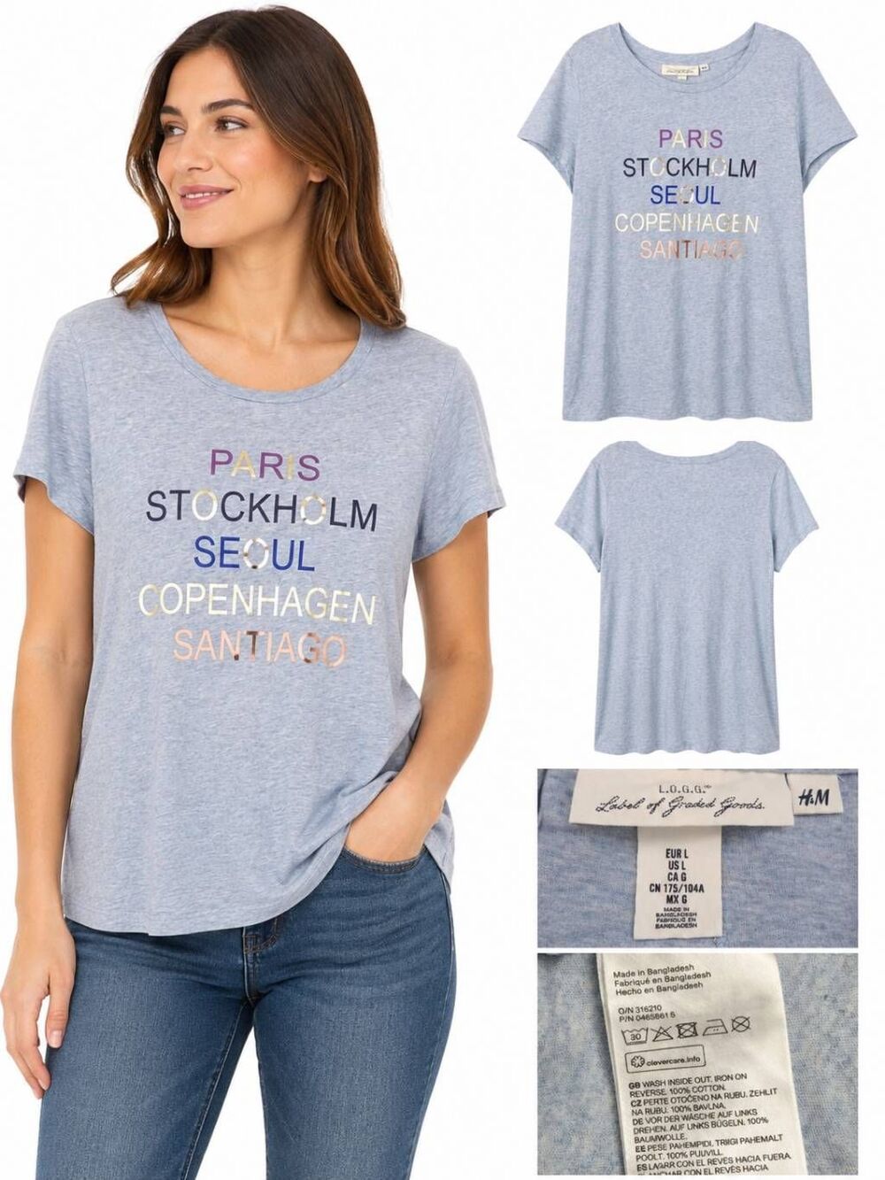 H&M L LOGG City Graphic Tee Paris Stockholm Seoul Cotton